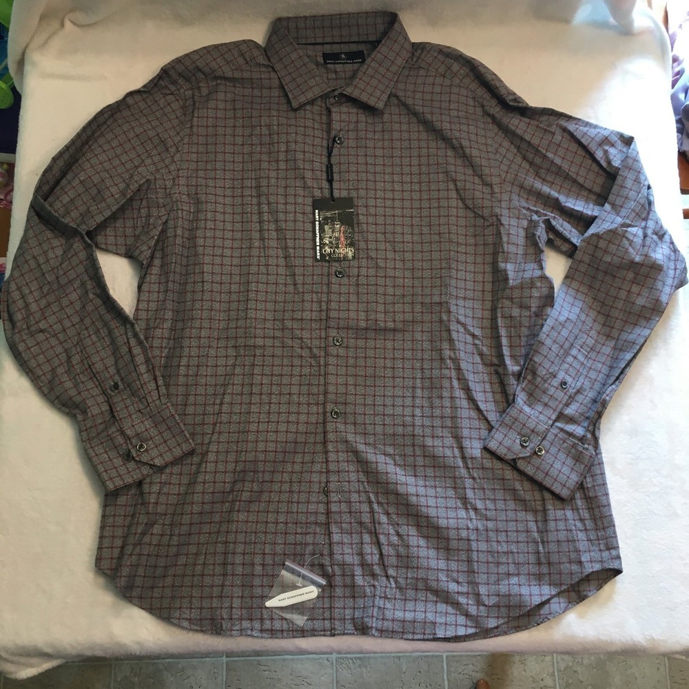 Hart Schaffner Marx Button Down Mens XL Grey Red NWT City Nights Grid Shirt